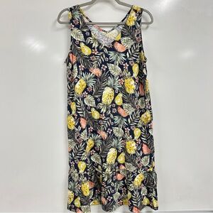 0195 J. Jill Flounced-Hem Double V-Neck Knit Dress with a tropical fruit print